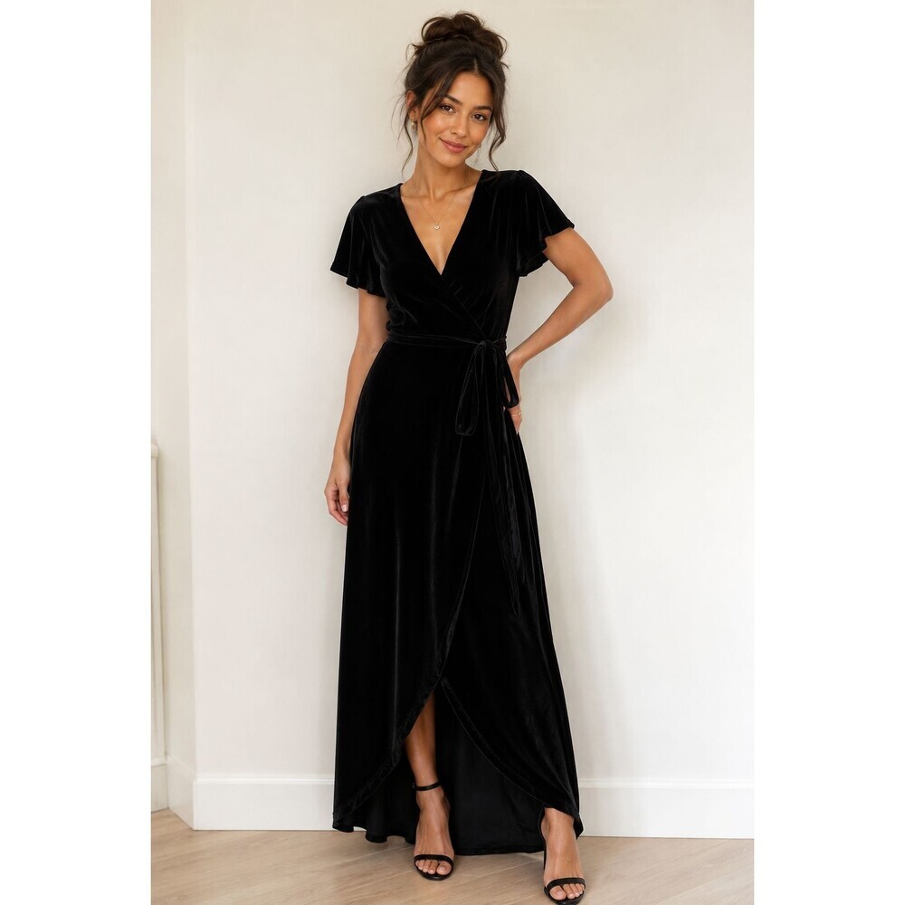 BHLDN Velvet Thrive Maxi Wrap Dress Size Medium Black Anthropologie True Wrap